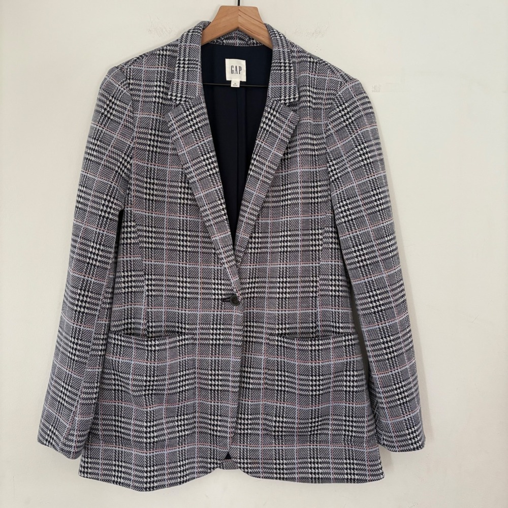 GAP Women 10 Blazer Houndstooth‎ Plaid Jacket Unstructured Lined Pocket Academia